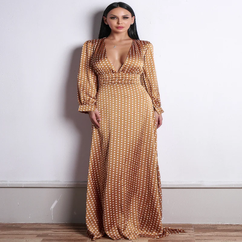 Polka-dot Print Deep V Neck Satin Maxi Dress Classic Solid Maxi Dress