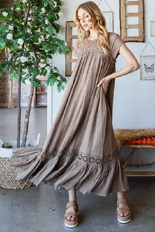 Taupe Gauze Maxi Dress with Crochet Lace Details Boho Dream Dress Fashionable Chiffon Tiered Maxi Dress Taupe Gauze Maxi Dress with Crochet Lace Details Boho Dream Dress Fashionable Chiffon Tiered Maxi Dress