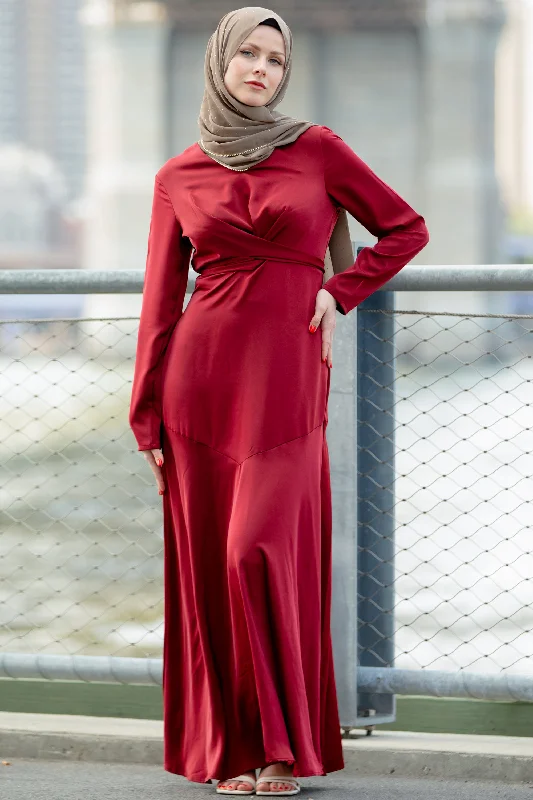 Red Criss Cross Satin Long Sleeve Maxi Dress Elegant Wraparound Maxi Dress