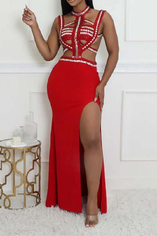 Rhinestone Cutout Sophisticated Halter Collar High Split Maxi Dress Fashionable Sleeveless Maxi Dress
