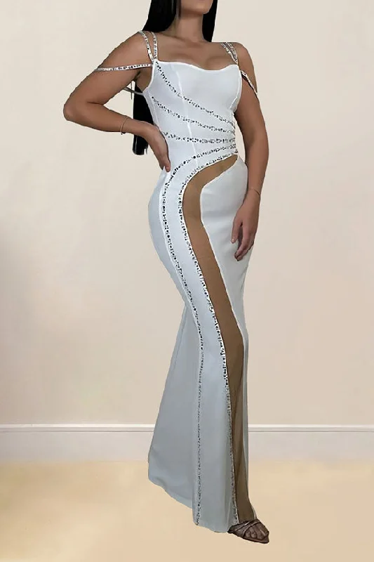 Rhinestone Sparkly Sheer Mesh Patchwork Maxi Dress Cozy Knitted Maxi Dress