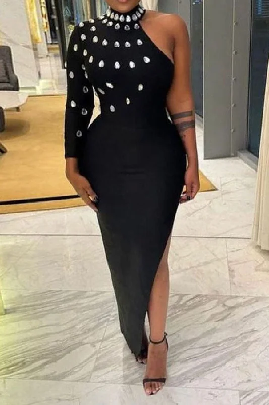Rhinestone Striking Asymmetric High Split Maxi Dress Stylish V-Neck Maxi Dress
