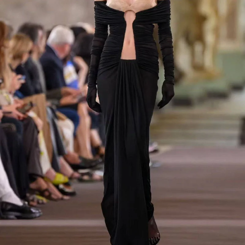 Rosie Off The Shoulder Bustier Ruched See-Through Maxi Dress Chic Off-Shoulder Maxi Dress