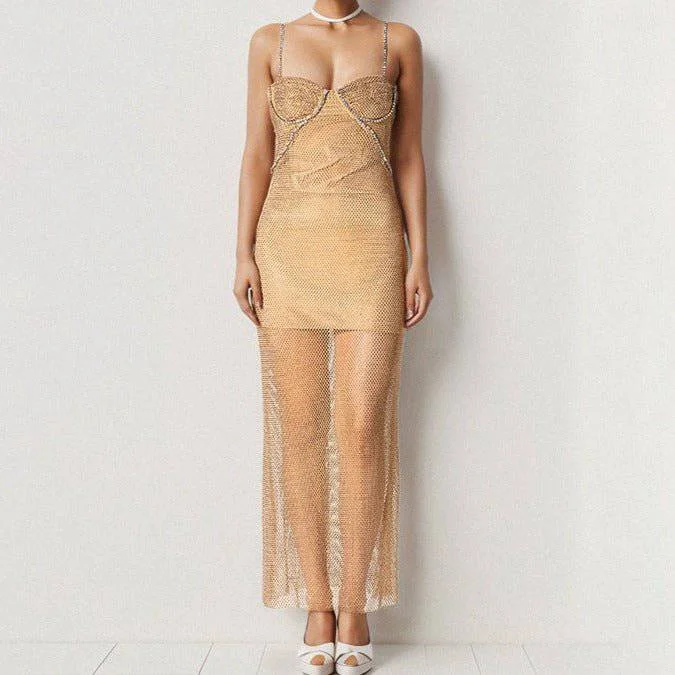 Rowdy Strappy Crystal Embellished Fishnet Maxi Dress Cozy Knit Maxi Dress
