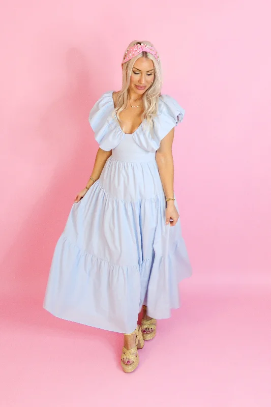 Sky Blue Puff Sleeve Maxi Dress Comfortable Plunging Neckline Maxi Dress