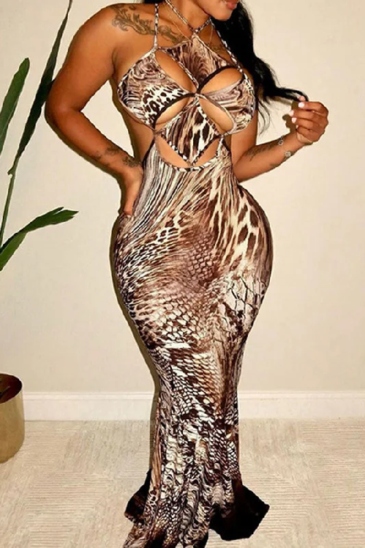Snake Print Wild Halter Collar Cutout Lace-Up Maxi Dress Trendy Ruffled Maxi Dress