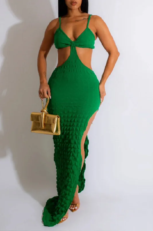 Solid Color Bubble Textured Flattering Cutout High Split Maxi Dress Comfortable Fitted Maxi Dress