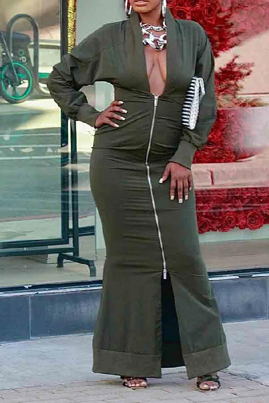 Solid Color Deep V Neck Feminine Zipper Maxi Dress Cozy Longline Maxi Dress