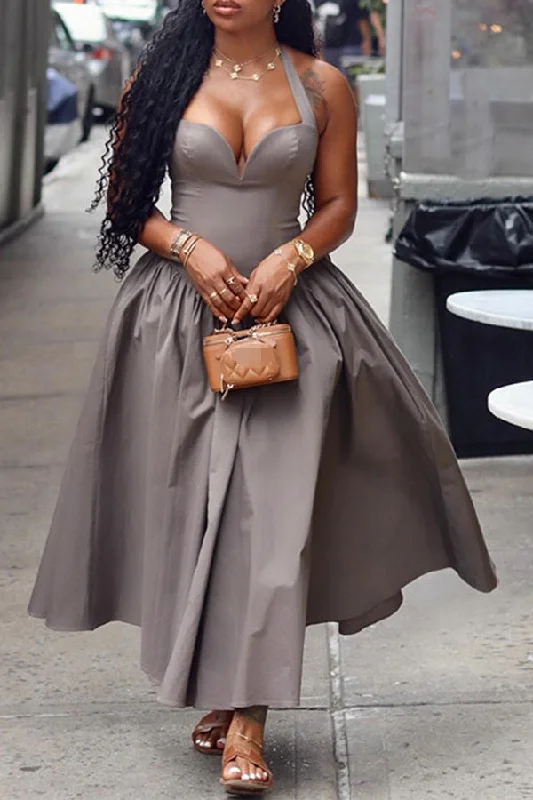 Solid Color Halter Collar Feminine A-Line Maxi Dress Elegant Wraparound Maxi Dress