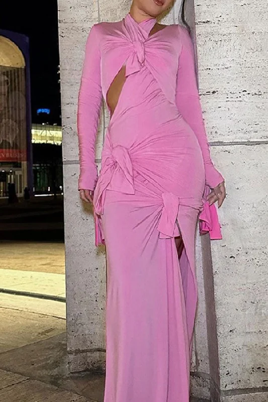 Solid Color Irregular Cutout Lace-Up Striking Maxi Dress Stylish One-Shoulder Maxi Dress