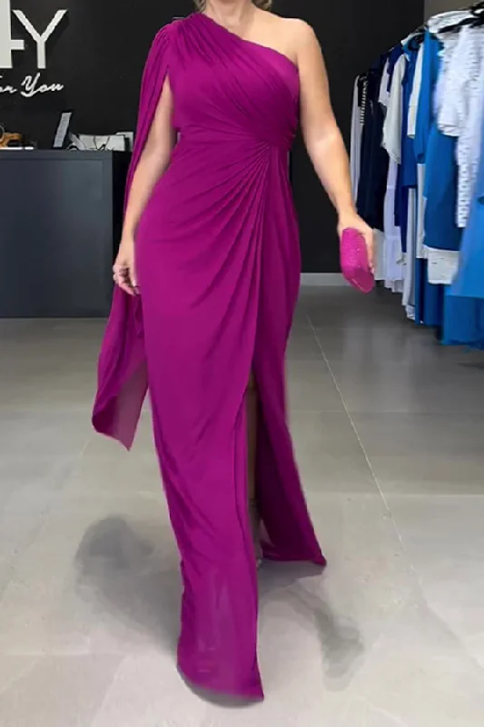Solid Color One Shoulder Romantic High Split Maxi Dress Trendy Maxi Dress with Belt