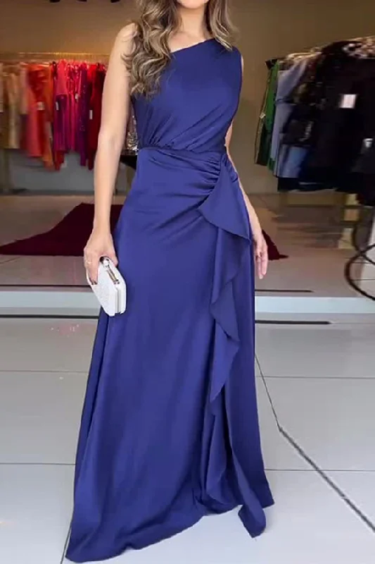 Solid Color One Shoulder Stunning Ruffles Maxi Dress Elegant Sleeveless Maxi Dress