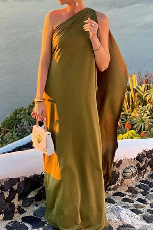 Solid Color One Shoulder Versatile Irregular Maxi Dress Trendy Maxi Dress with Belt