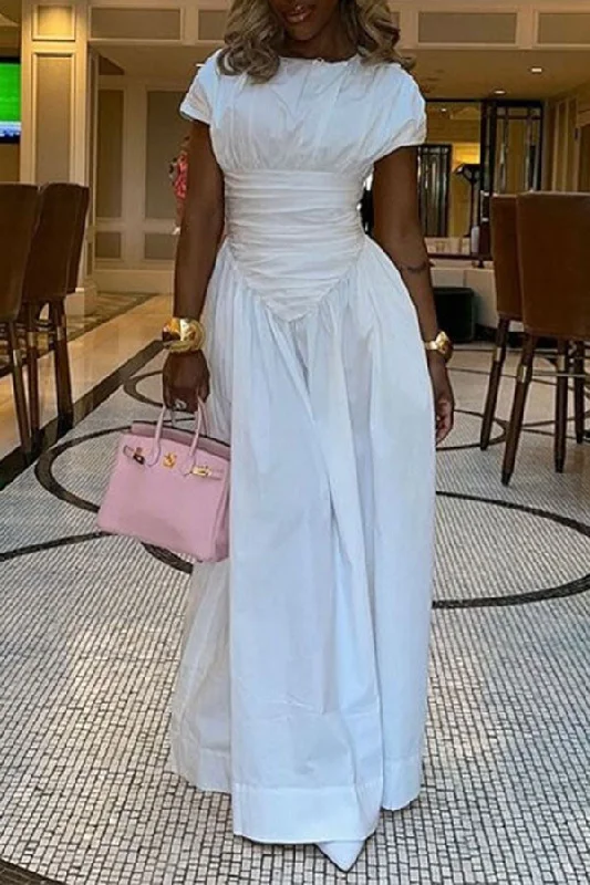 Solid Color Round Neck Modern A-Line Maxi Dress Fashionable High-Waist Maxi Dress