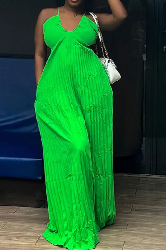 Solid Color V Neck Urban Pleated Maxi Dress Trendy Button Front Maxi Dress
