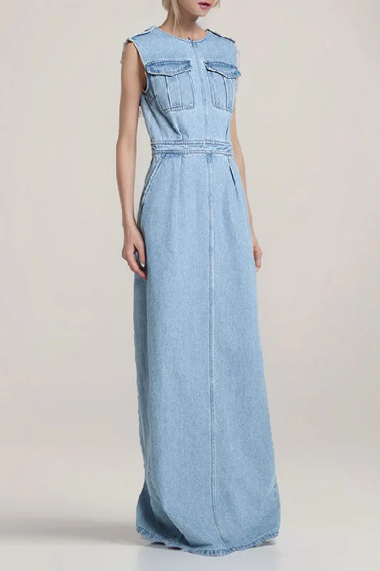 Solid Color Washed Denim V-Back Cool Pocket Maxi Dress Comfortable Cotton Maxi Dress
