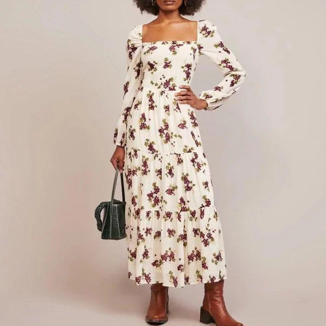 Spring Women Square Collar Printed Long Sleeve Dress Maxi Dress Casual Maxi Dress with Pockets Spring Women Square Collar Printed Long Sleeve Dress Maxi Dress Casual Maxi Dress with Pockets