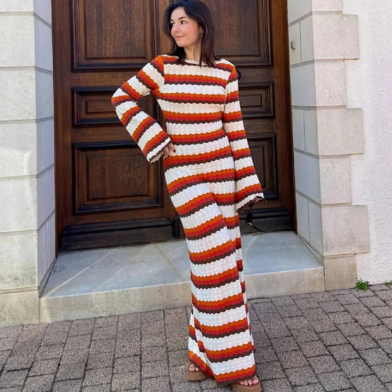 Striped Contrast Colour Maxi Dress Comfortable Satin Maxi Dress