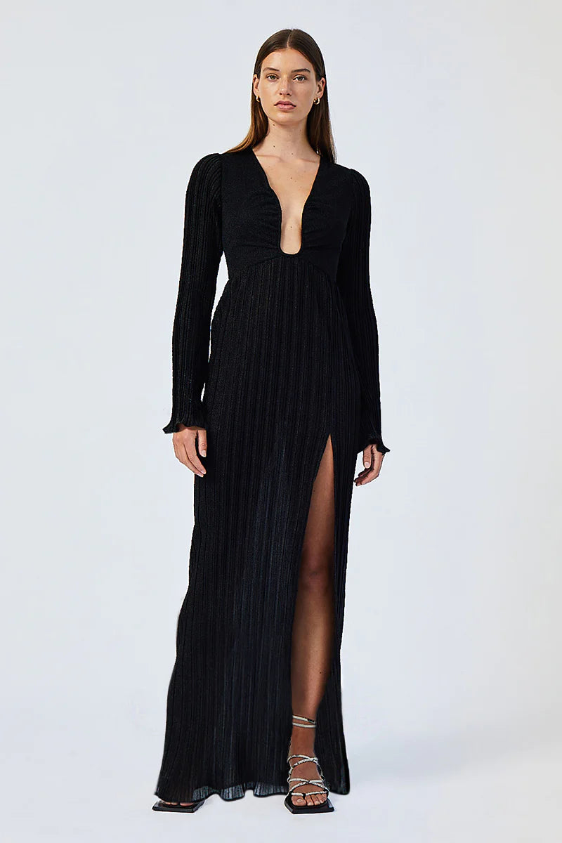 Suboo Crystal V Neck Maxi Dress - Black Trendy Short Sleeve Maxi Dress