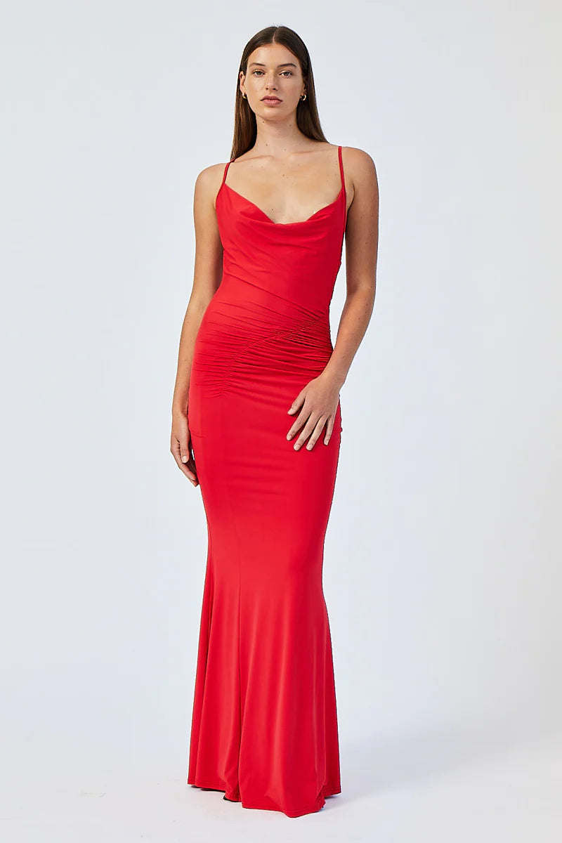 Suboo Ivy Strappy Gathered Maxi Dress - Red Stylish A-Line Maxi Dress