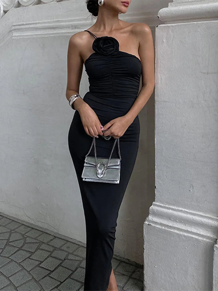 Flower Bodycon Maxi Dresses For Women Folds Slim Black Sundress Women's Sexy Backless Party Temperament Dresses Woman Comfortable Pleated Maxi Dress