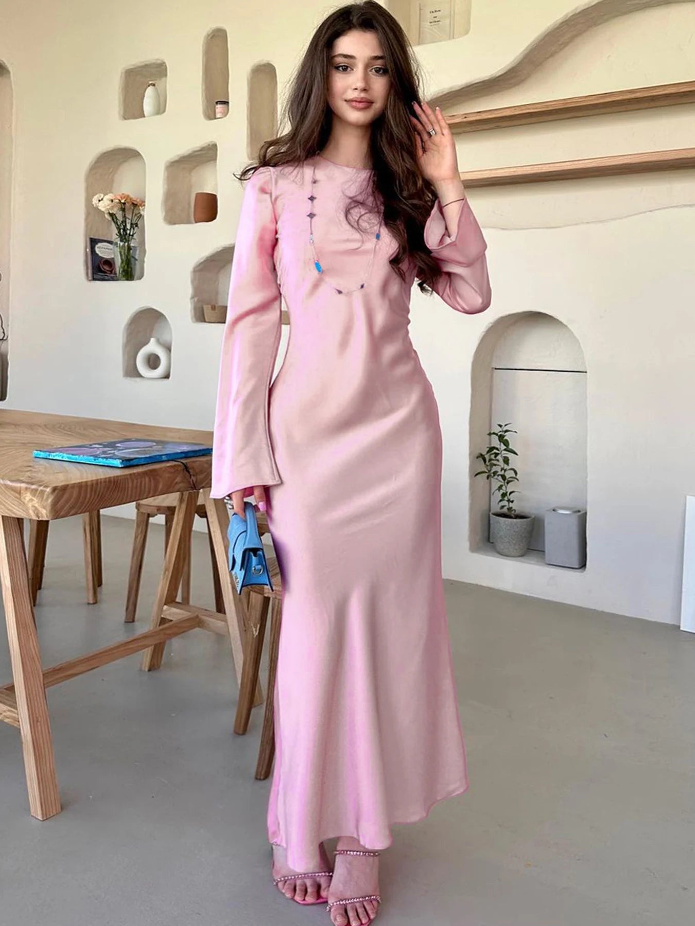 Stain Slim Maxi Dresses For Women Elegant Solid Party Evening Dress Women's High Waist Luxury Femme Autumn Fashion Dress Fashionable Sheer Maxi Dress