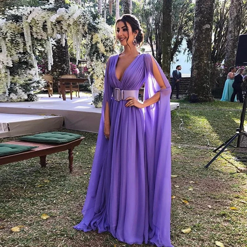 VAZN 2021 Hot High-end Chiffon Sweet Purple Off Shoulder Full Sleeve Deep V-Neck High Waist Women Ball Gown Maxi Dress Trendy V-Neck Maxi Dress