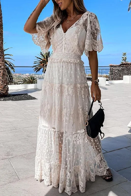 White Mesh Lace Sequin Maxi Dress Chic Summer Maxi Dress