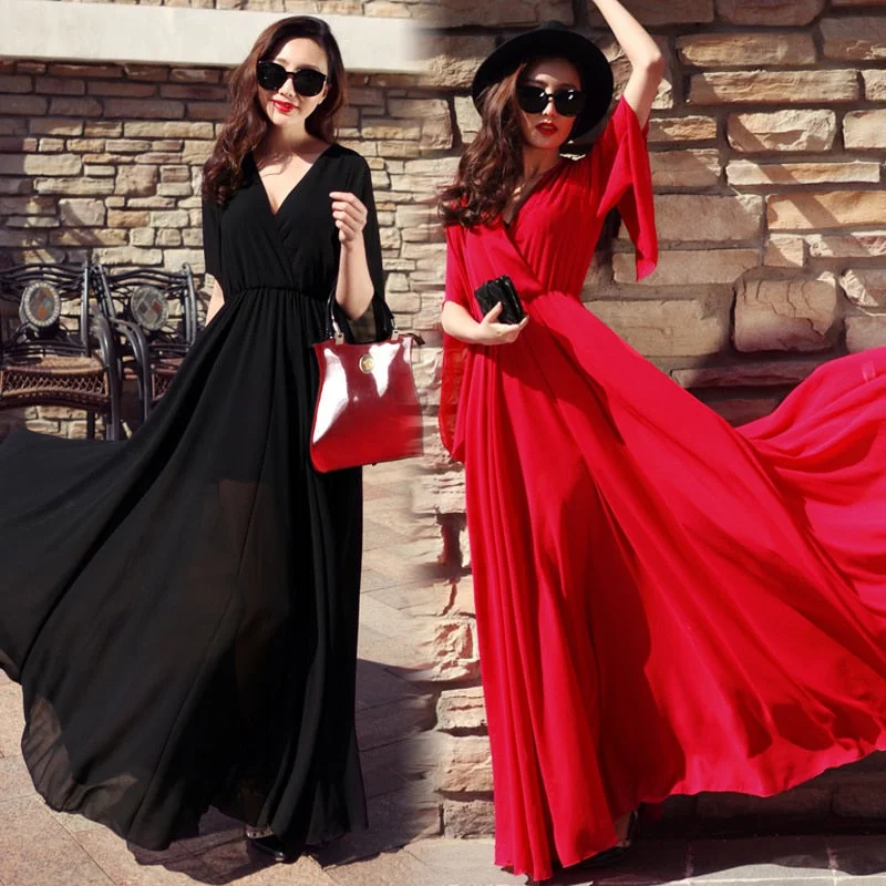Women's Long Dress Summer V-Neck Half Sleeve Elastic High Waist  Party Maxi Dresses Casual Red Chiffon Beach Sundress Vestidos Fashionable Button-Down Maxi Dress