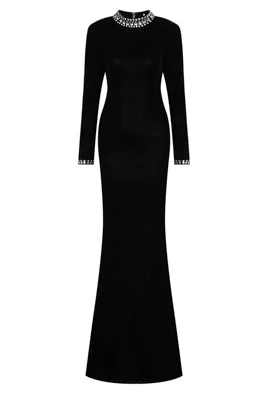 Yasmine Black Velvet Embellished Diamante Long Sleeve Maxi Dress Trendy Ruffled Maxi Dress
