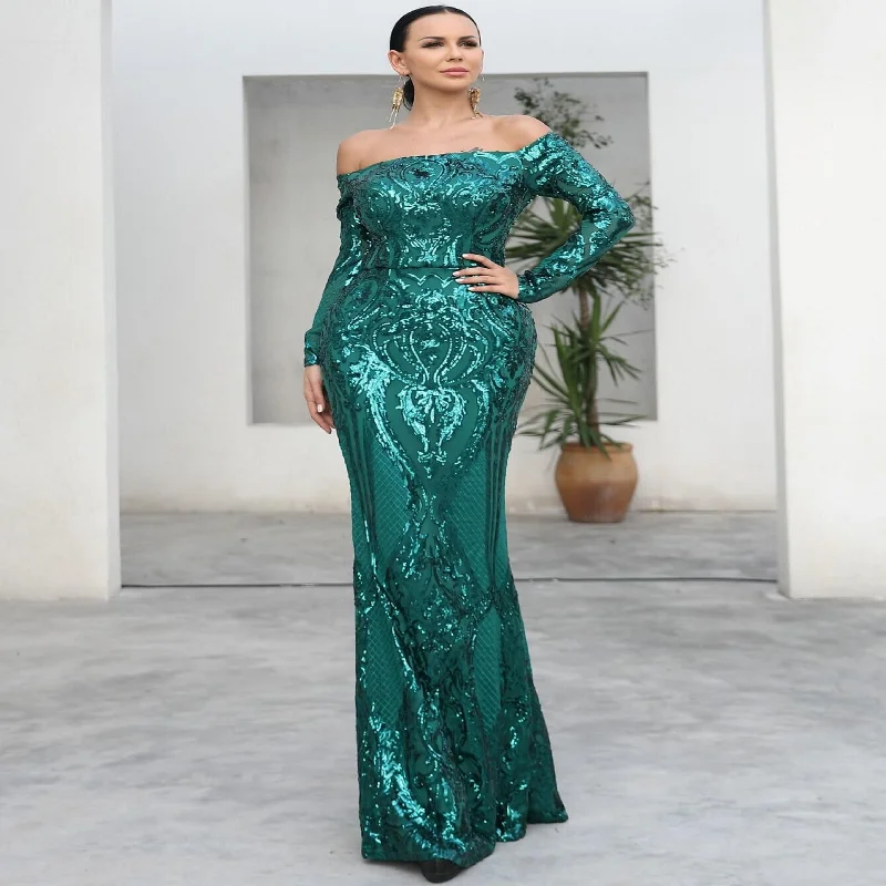 Zip Back Bardot Sequin Maxi Dress Comfortable Flowy Maxi Dress