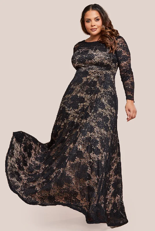 Goddiva Plus Scalloped Lace A-Line Maxi Dress - Black Cozy Cold-Shoulder Maxi Dress