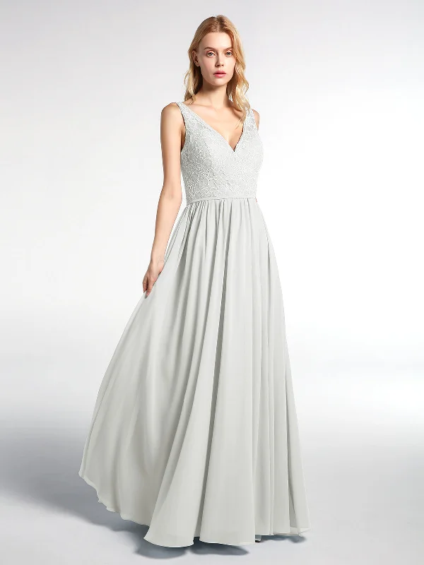 V-neck Lace Top Chiffon Skirt Maxi Dress-Ivory Fashionable Layered Maxi Dress