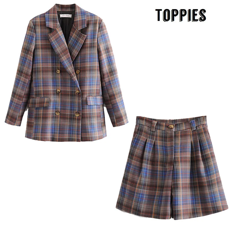 2020 Spring Lattice Suit Jacket Office Lady Formal Blazer Double Breasted High Waist Brmuda Shorts Two Peice Set Women Wool Fabric Cashmere Fabric Tweed Fabric