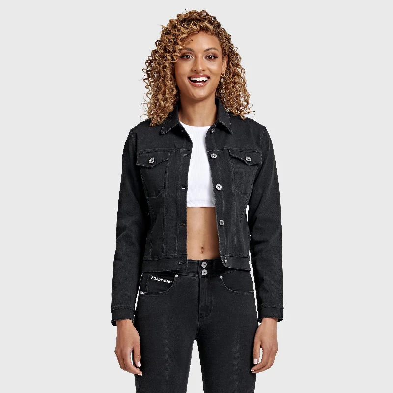 Denim Jacket - Black + Black Stitching Tailored Jacket Straight Jacket A-Line Jacket