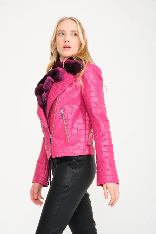 Pink Crocodile Pattern Chinchilla Collar Jacket Trench Coat Raincoat Waterproof Jacket Pink Crocodile Pattern Chinchilla Collar Jacket Trench Coat Raincoat Waterproof Jacket
