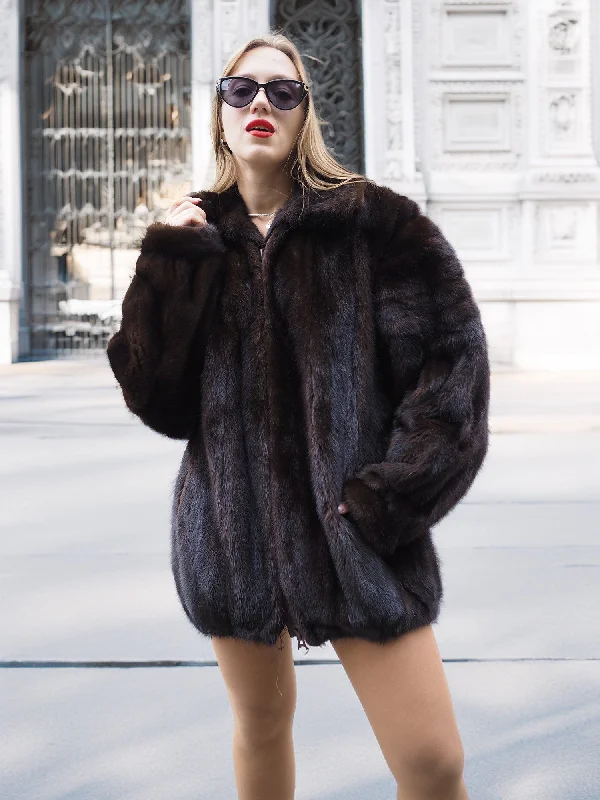 Unisex Dark Mahogany Mink Fur Bomber Jacket Coat M/L Zip Front Button Front Snap Front Unisex Dark Mahogany Mink Fur Bomber Jacket Coat M/L Zip Front Button Front Snap Front