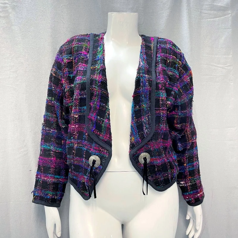 Wmns 80s Vintage SILVERADO Funky Gingham Tweed Western Cardigan Jacket Sz L Notch Collar Peter Pan Collar Cowl Neck Wmns 80s Vintage SILVERADO Funky Gingham Tweed Western Cardigan Jacket Sz L Notch Collar Peter Pan Collar Cowl Neck