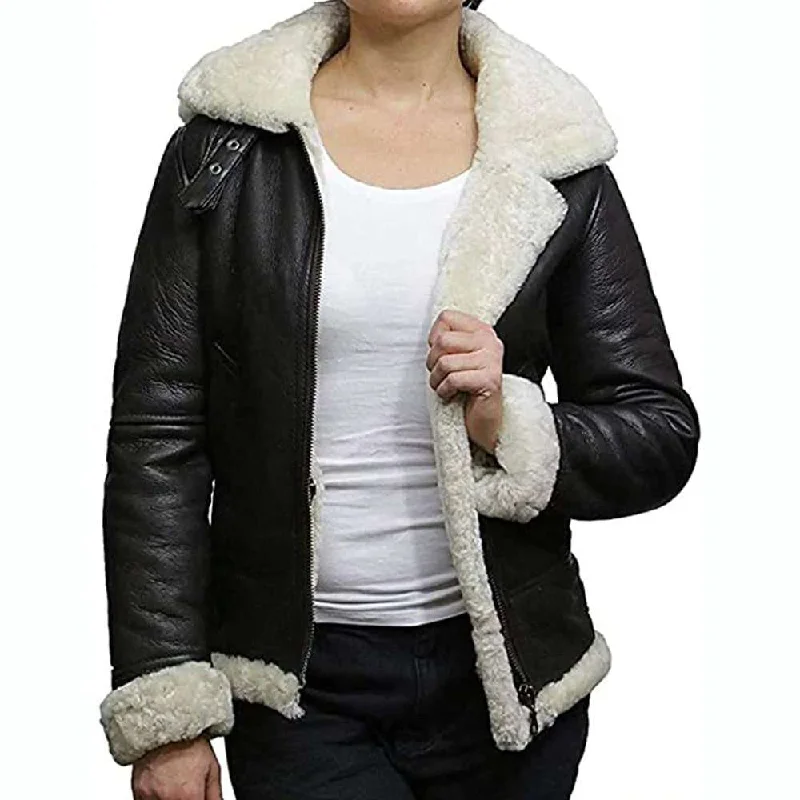 Women WW2 Aviator Pilot Shearling Black Leather Jacket Zippered Front Buttoned Front Snap Front Women WW2 Aviator Pilot Shearling Black Leather Jacket Zippered Front Buttoned Front Snap Front