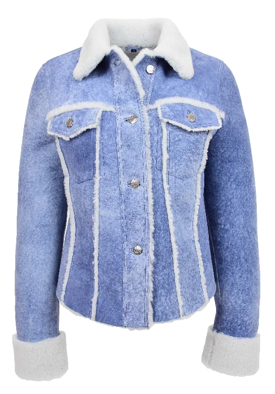 Womens Real Sheepskin Trucker Jacket Denim Blue Washed Genuine Shearling Jenna Notch Collar Peter Pan Collar Cowl Neck Womens Real Sheepskin Trucker Jacket Denim Blue Washed Genuine Shearling Jenna Notch Collar Peter Pan Collar Cowl Neck