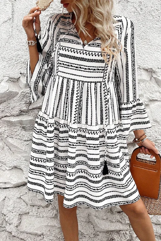 Black Stripe V Neck Bell Sleeve High Waist Mini Dress Comfortable Ruffle Mini Dress