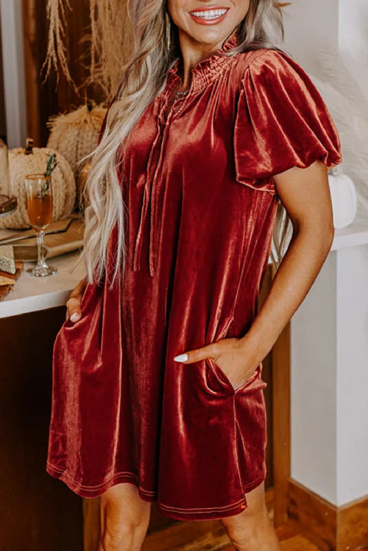 Cinnamon Velvet Smocked Neckline Puff Sleeve Shift Mini Dress Fashionable Button-Front Mini Dress Cinnamon Velvet Smocked Neckline Puff Sleeve Shift Mini Dress Fashionable Button-Front Mini Dress
