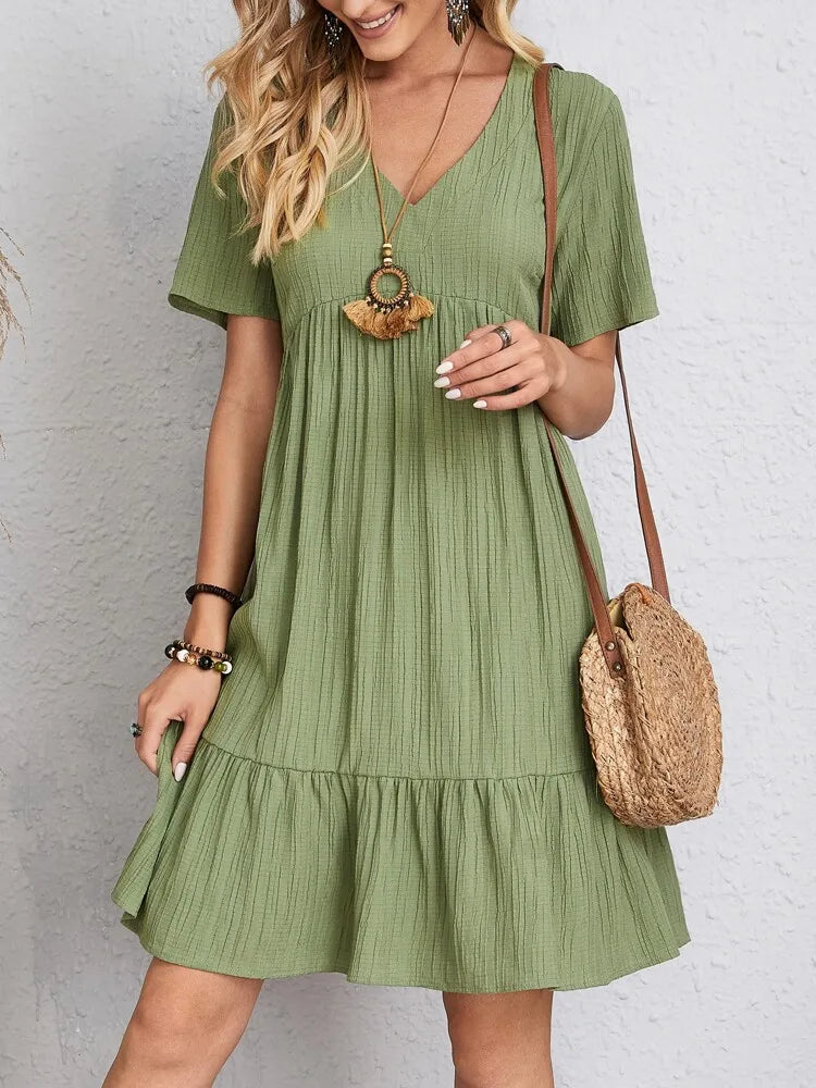 Elegant Solid V Neck A Line Dress New Summer Ruffles Loose Mini Dress Casual Short Sleeve Beach Party Vestidos Streetwear Cozy Ruched Mini Dress Elegant Solid V Neck A Line Dress New Summer Ruffles Loose Mini Dress Casual Short Sleeve Beach Party Vestidos Streetwear Cozy Ruched Mini Dress