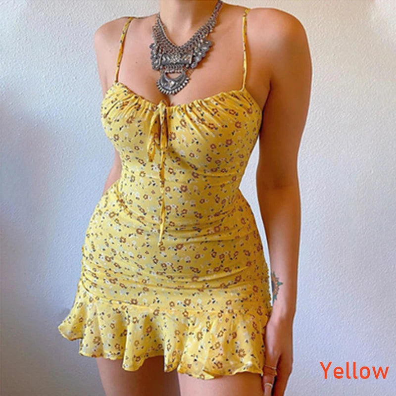 Floral Print Short Summer Dresses Woman Spaghetti Strap Slim Mini Dress Boho Sundress Bandage Sexy Ruffle Tunic Dress S-5XL Stylish Puff Sleeve Mini Dress