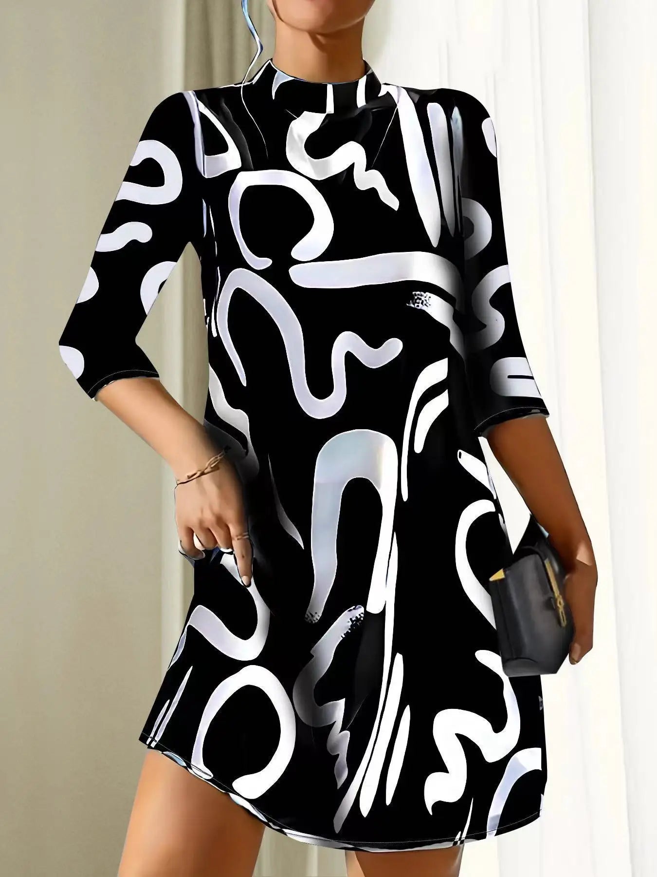 Long Sleeve Print Mini Dress Women Modern Satin Mini Dress