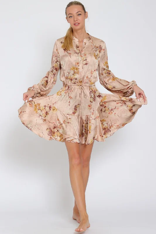 Nude, Beige & Multi Floral Long Sleeve Button Down Tie Front Mini Dress Stylish Floral Print Mini Dress Nude, Beige & Multi Floral Long Sleeve Button Down Tie Front Mini Dress Stylish Floral Print Mini Dress