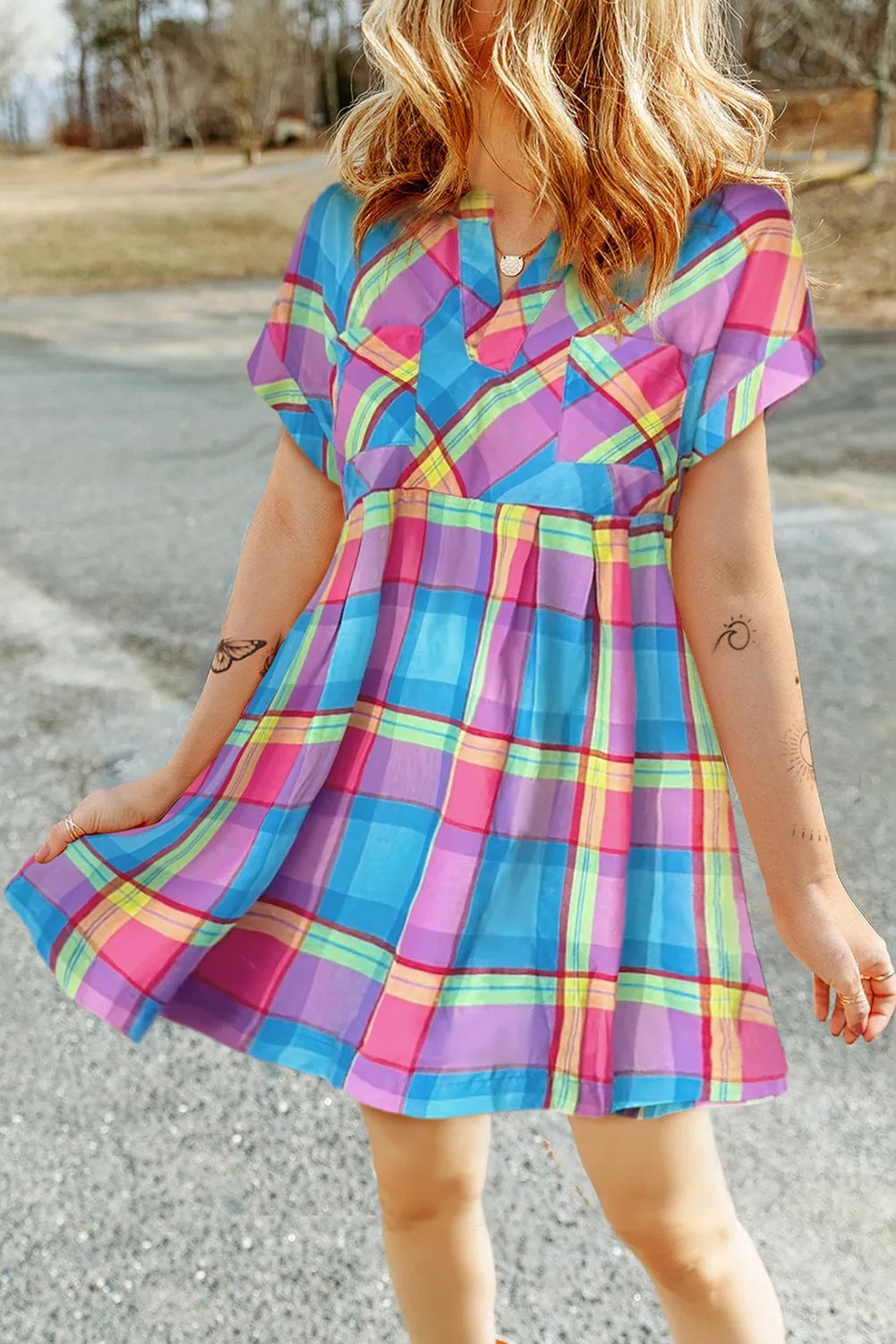 Plaid Notched Short Sleeve Mini Dress Cozy Knit Mini Dress