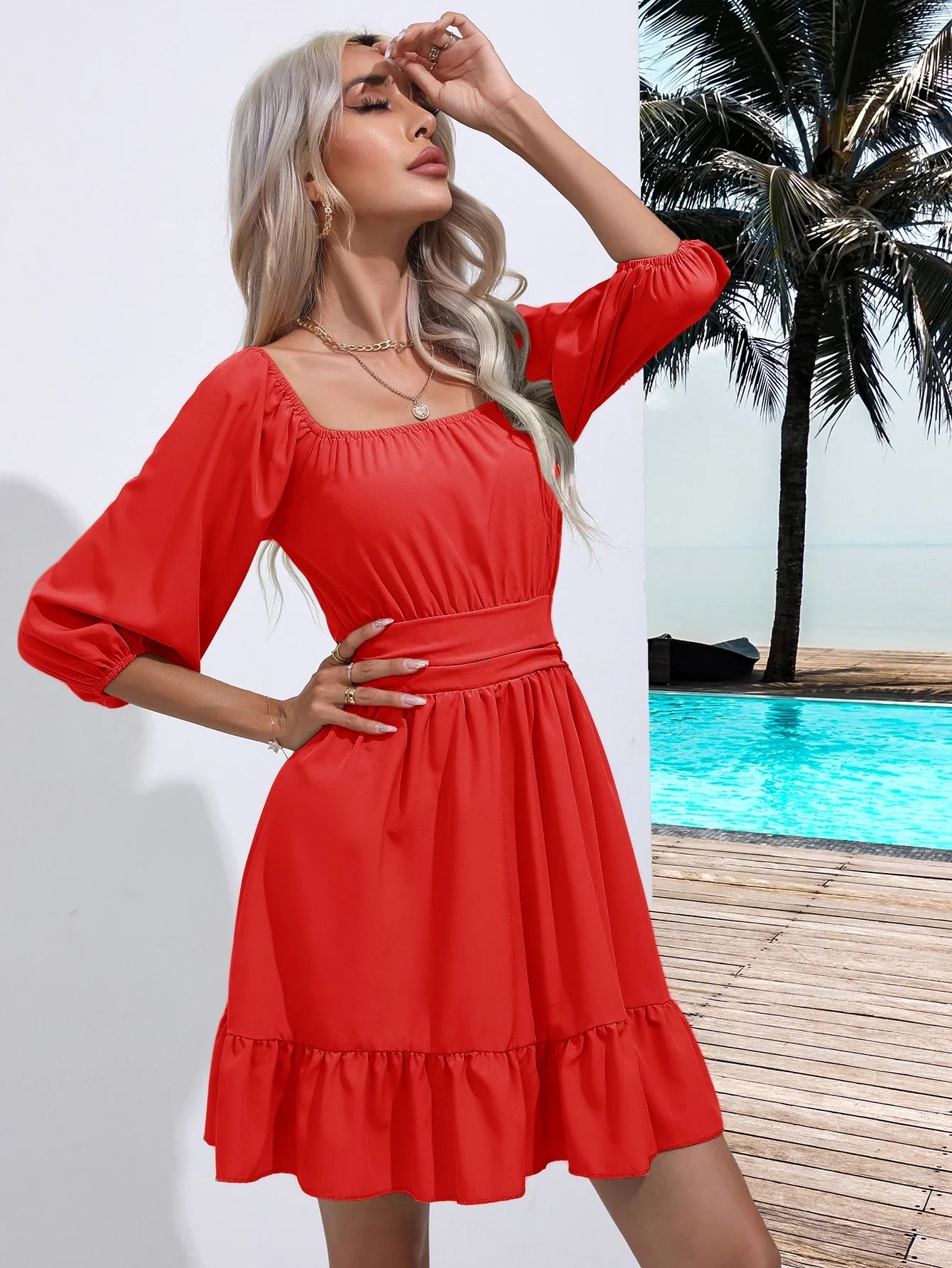 Red Square Collar Bohemian Mini Dress Classic Floral Mini Dress