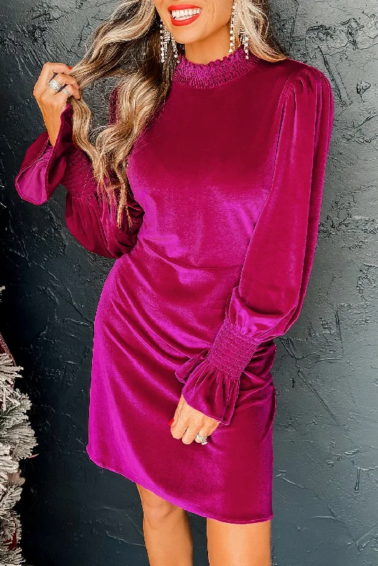 Rose Red Smocked Mock Neck Ruffled Puff Sleeve Velvet Mini Dress Casual Mini Dress with Pockets Rose Red Smocked Mock Neck Ruffled Puff Sleeve Velvet Mini Dress Casual Mini Dress with Pockets