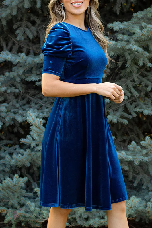 Sail Blue Velvet Ruched Short Sleeve Pocketed Mini Dress Comfortable Smocked Mini Dress Sail Blue Velvet Ruched Short Sleeve Pocketed Mini Dress Comfortable Smocked Mini Dress